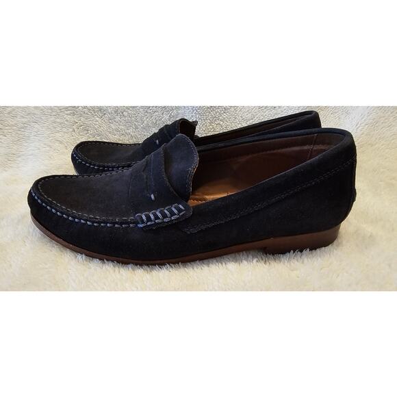 Trask Sadler‎ Suede Leather Slip On Penny Loafer Driving Shoes Men 9.5M Navy - Picture 1 of 6